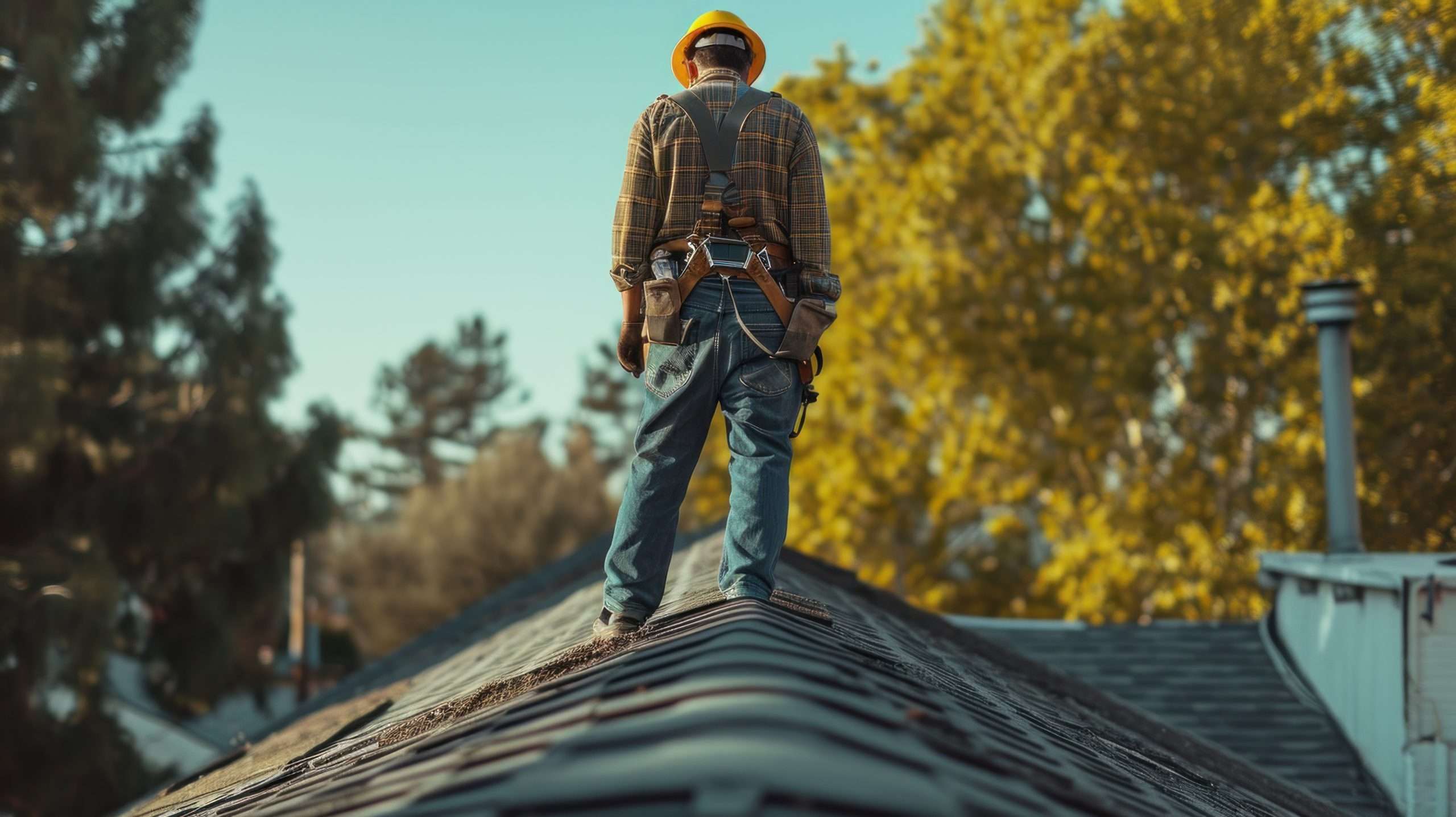 Inspector or blue collar worker examines building roof